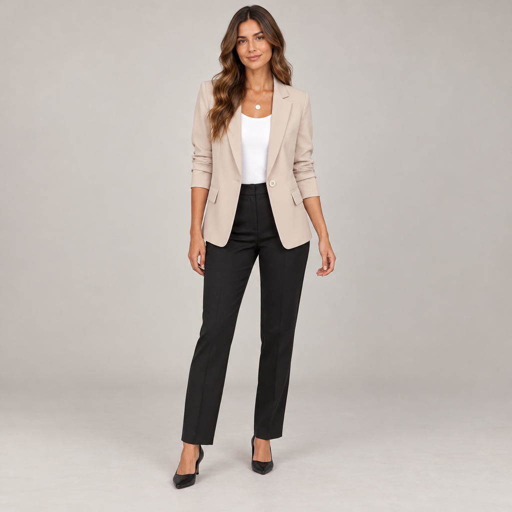 Women's single button blazer with narrow lapels and ruched sleeves on a model, front view