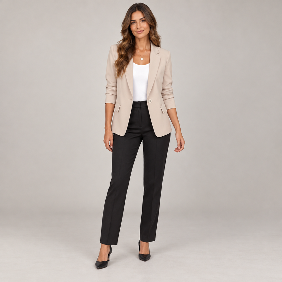 Women's single button blazer with narrow lapels and ruched sleeves on a model, front view