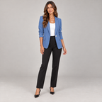 Women's single button blazer with narrow lapels and ruched sleeves on a model in Blue, additional studio view