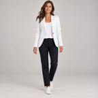 Women's single button blazer with padded shoulders and flap pockets on a model, front view