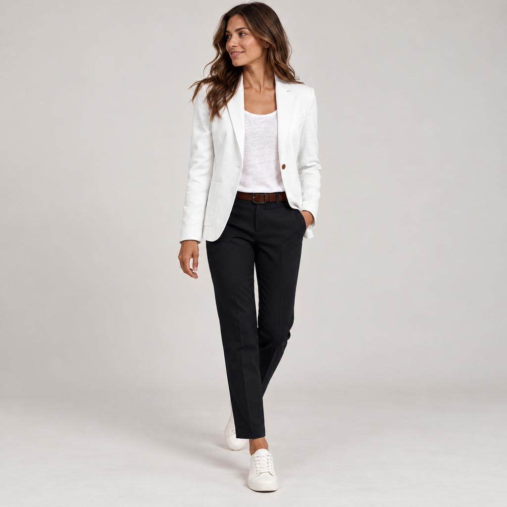 Women's single button blazer with padded shoulders and flap pockets on a model, angled front view