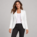Women's single button blazer with padded shoulders and flap pockets on a model, closer front view