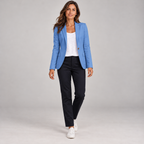 Women's single button blazer with padded shoulders and flap pockets on a model in Blue, additional studio view