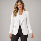 Women's wrinkle free formal blazer on a model, closer front view