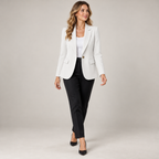 Women's wrinkle free formal blazer on a model, walking pose