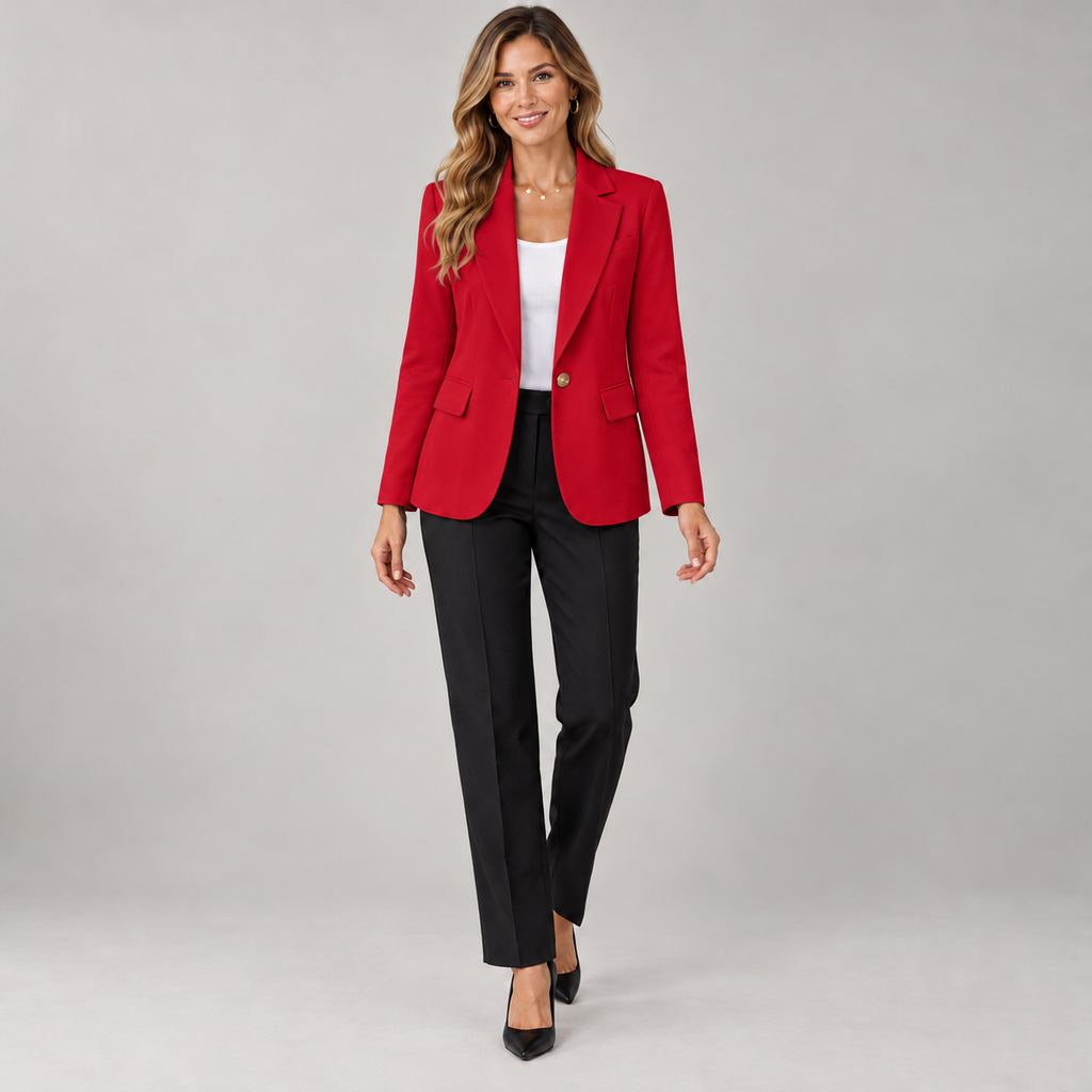 Women's wrinkle free formal blazer on a model in Red, additional studio view