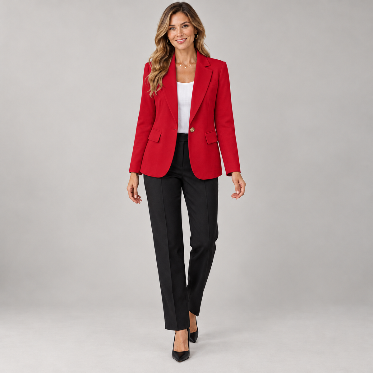 Women's wrinkle free formal blazer on a model in Red, additional studio view