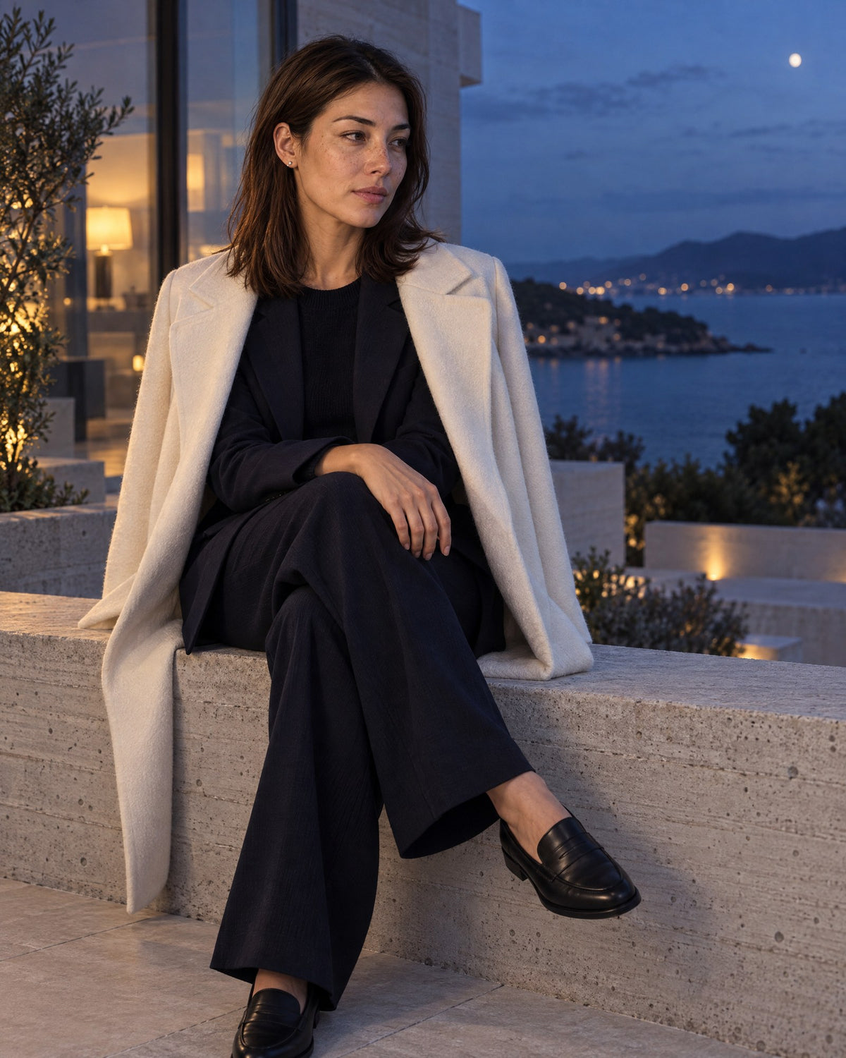 A woman in a midnight blazer sits on a low concrete wall with a coat over her shoulders at dusk