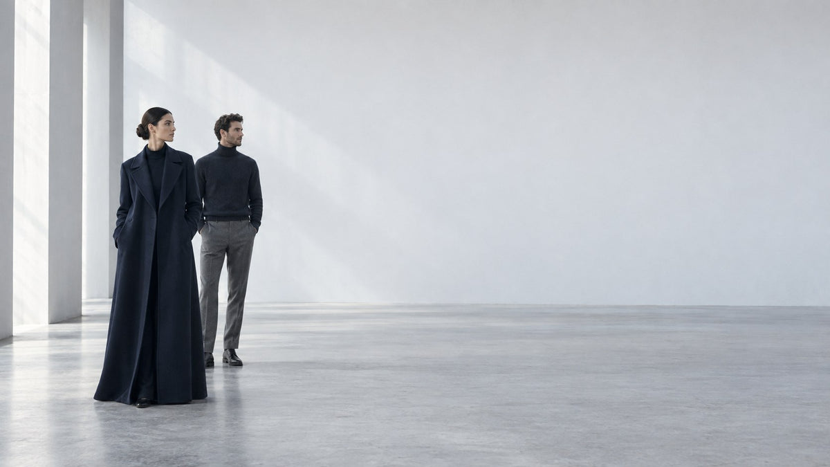 Suki Moon editorial: two figures in navy and grey in a bright empty hall