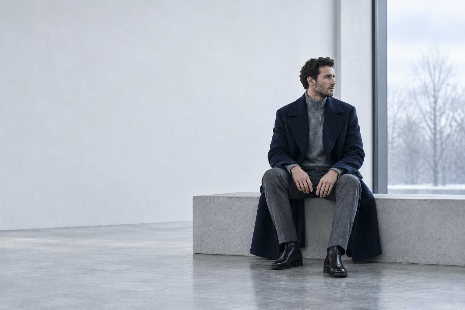 Suki Moon winter: man in a navy overcoat seated on a concrete bench