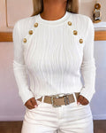 Textured Crewneck Blouse with Gold Button Detail - White