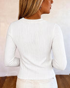 Textured Crewneck Blouse with Gold Button Detail - White