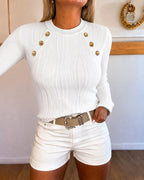 Textured Crewneck Blouse with Gold Button Detail - White