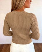 Textured Knit Top with Crew Neck and Gold Buttons