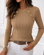 Textured Knit Top with Crew Neck and Gold Buttons