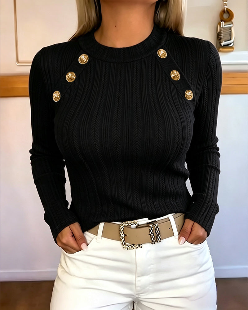 Textured Knit Top with Crew Neck and Gold Buttons - Black