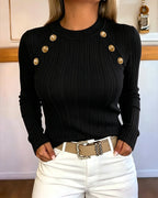 Textured Knit Top with Crew Neck and Gold Buttons - Black