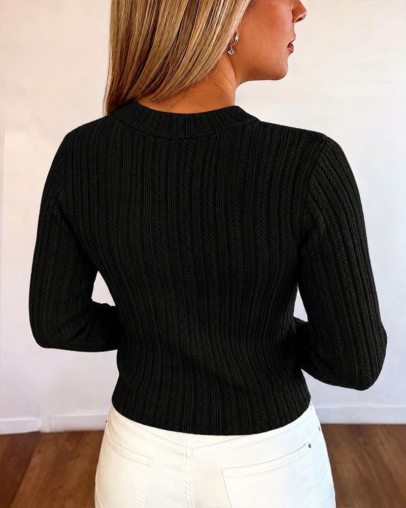 Textured Knit Top with Crew Neck and Gold Buttons