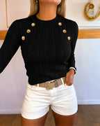 Textured Knit Top with Crew Neck and Gold Buttons