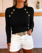 Textured Knit Top with Crew Neck and Gold Buttons