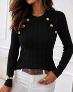 Textured Knit Top with Crew Neck and Gold Buttons