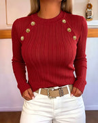 Textured Knit Top with Crew Neck and Gold Buttons - Red