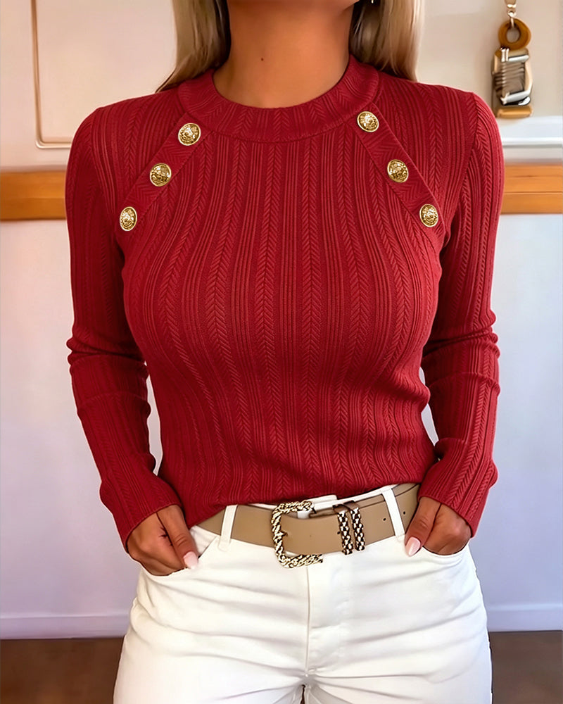 Textured Knit Top with Crew Neck and Gold Buttons - Red