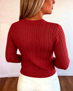 Textured Knit Top with Crew Neck and Gold Buttons