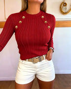 Textured Knit Top with Crew Neck and Gold Buttons