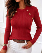 Textured Knit Top with Crew Neck and Gold Buttons