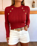 Textured Knit Top with Crew Neck and Gold Buttons