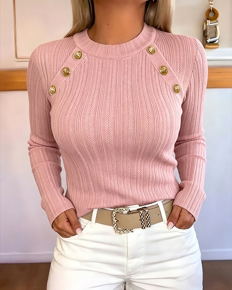 Textured Knit Top with Crew Neck and Gold Buttons - Pink