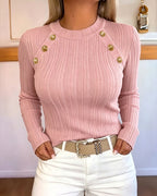Textured Knit Top with Crew Neck and Gold Buttons - Pink