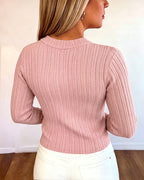 Textured Knit Top with Crew Neck and Gold Buttons
