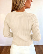 Textured Knit Top with Crew Neck and Gold Buttons