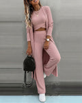 Three-Piece Knit Set with Long Cardigan and Wide Leg - Pink