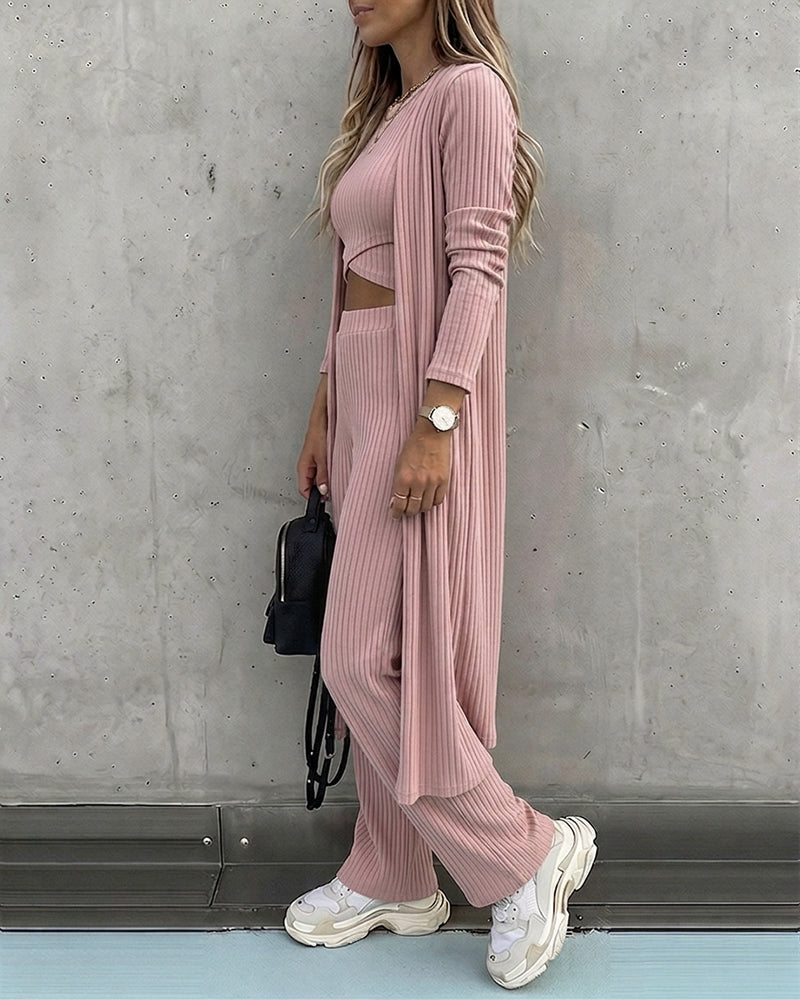 Three-Piece Knit Set with Long Cardigan and Wide Leg