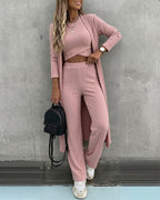 Three-Piece Knit Set with Long Cardigan and Wide Leg