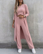 Three-Piece Knit Set with Long Cardigan and Wide Leg