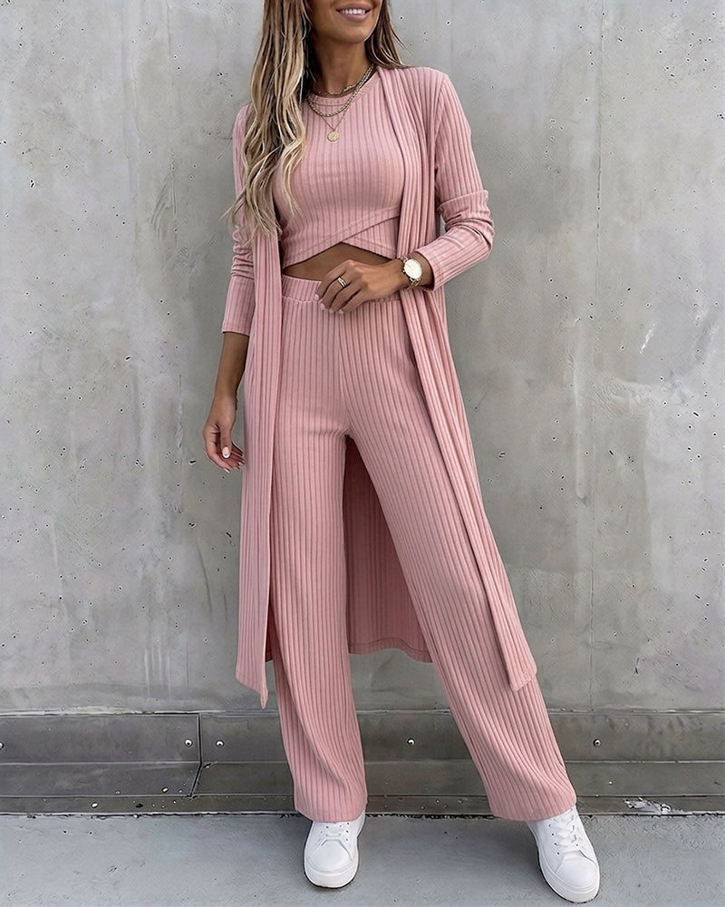 Three-Piece Knit Set with Long Cardigan and Wide Leg