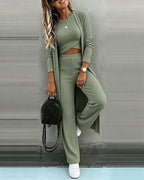 Three-Piece Knit Set with Long Cardigan and Wide Leg - Army Green