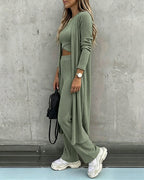 Three-Piece Knit Set with Long Cardigan and Wide Leg
