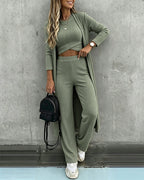 Three-Piece Knit Set with Long Cardigan and Wide Leg
