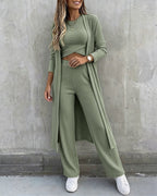 Three-Piece Knit Set with Long Cardigan and Wide Leg