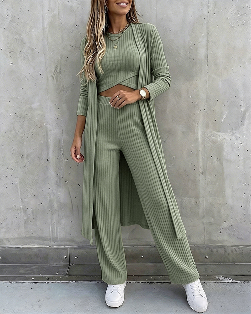 Three-Piece Knit Set with Long Cardigan and Wide Leg