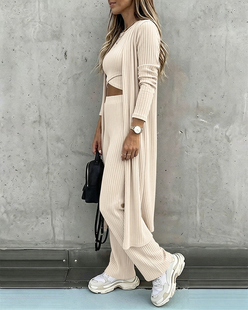 Three-Piece Knit Set with Long Cardigan and Wide Leg