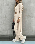 Three-Piece Knit Set with Long Cardigan and Wide Leg