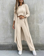 Three-Piece Knit Set with Long Cardigan and Wide Leg