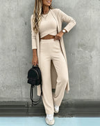 Three-Piece Knit Set with Long Cardigan and Wide Leg