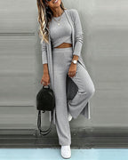 Three-Piece Knit Set with Long Cardigan and Wide Leg - Gray